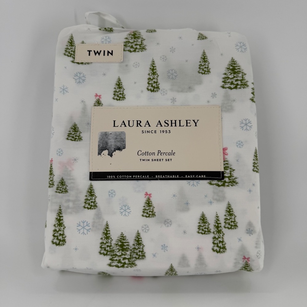 Laura Ashley Twin Sheet Set Cotton Percale Christmas Tree Snowflake White Green